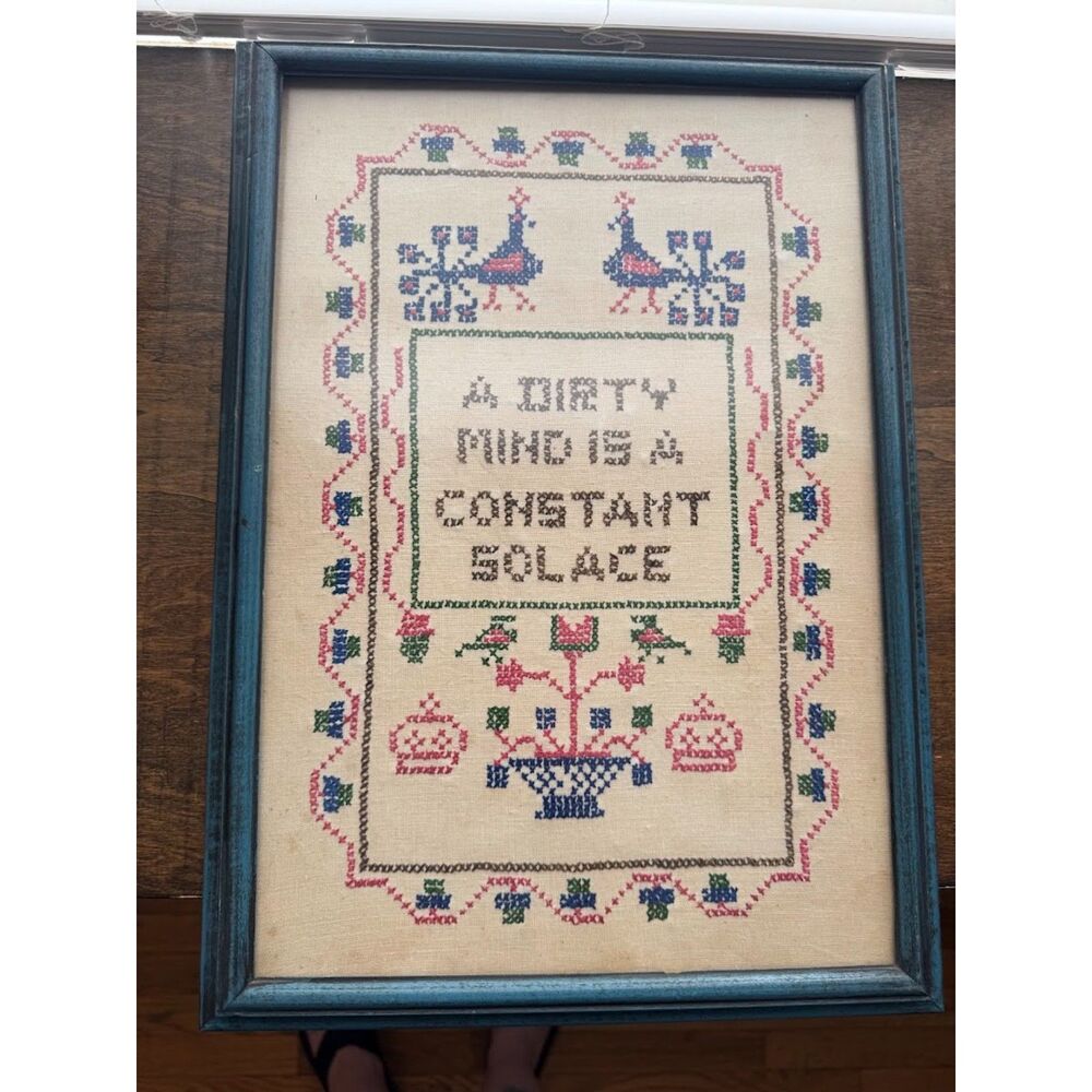 Vintage Embroidered Picture Framed  'A Dirty Mind Is A Constant Solace'
